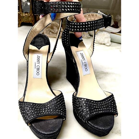 Jimmy Choo Gun Metallic Pable Crystal Hematite studs wedge sandal Heels Ankle 39 - Picture 14 of 16